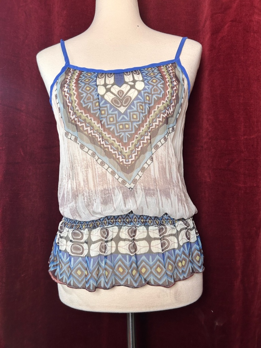 Da-Nang Blue and Cream Geometric Spaghetti Strap Camisole